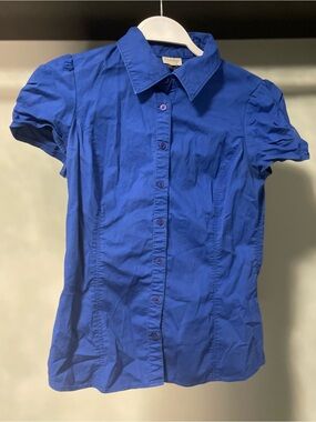 Dynamite Y2K Cobalt Blue Puff Sleeve Fitted Button Up Blouse Small